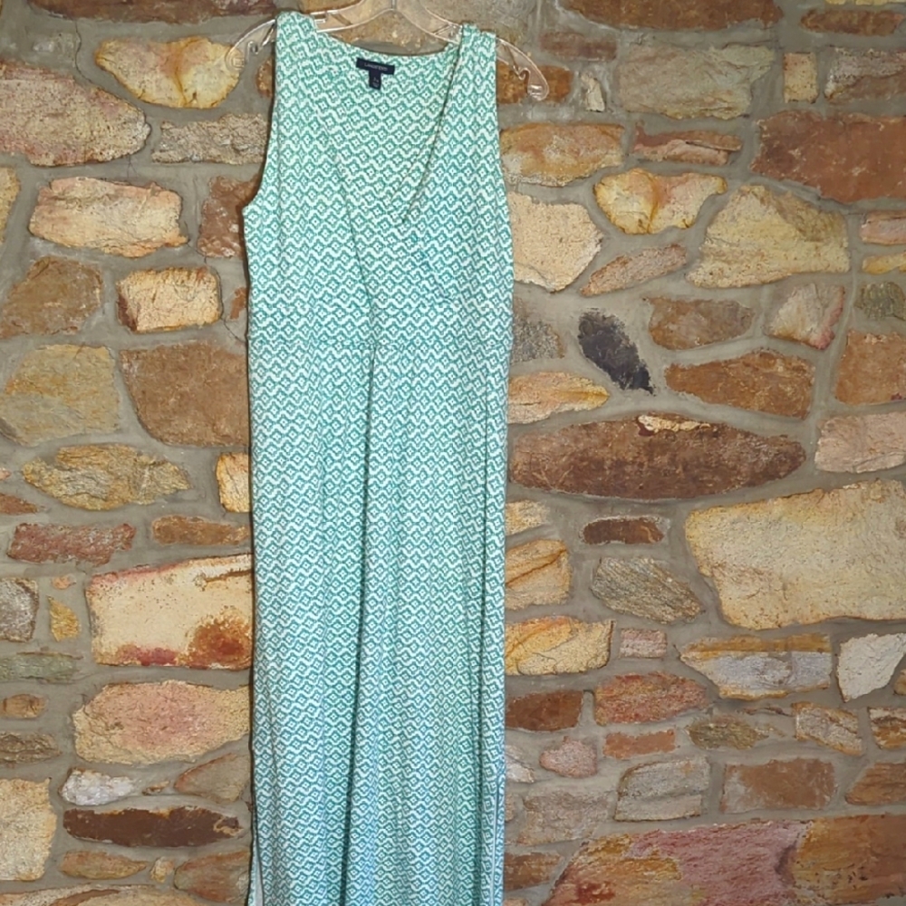 Lands' End Sleeveless Aqua Patterned Maxi Dress